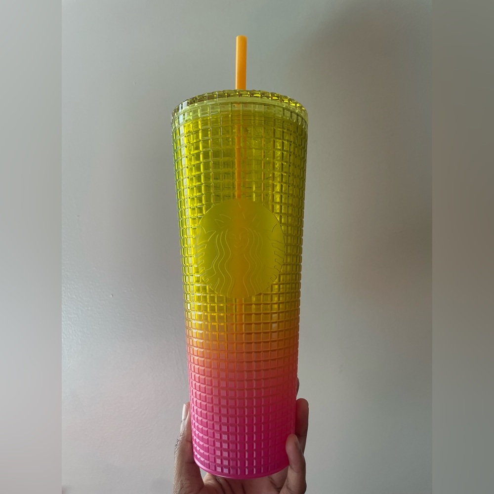 Starbucks Yellow and Pink Grid Cold Cup: summer 2022
